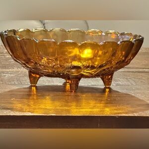 Vintage Indiana Glass Large Amber Harvest Fruit Carnival Glass Oval Footed Bowl